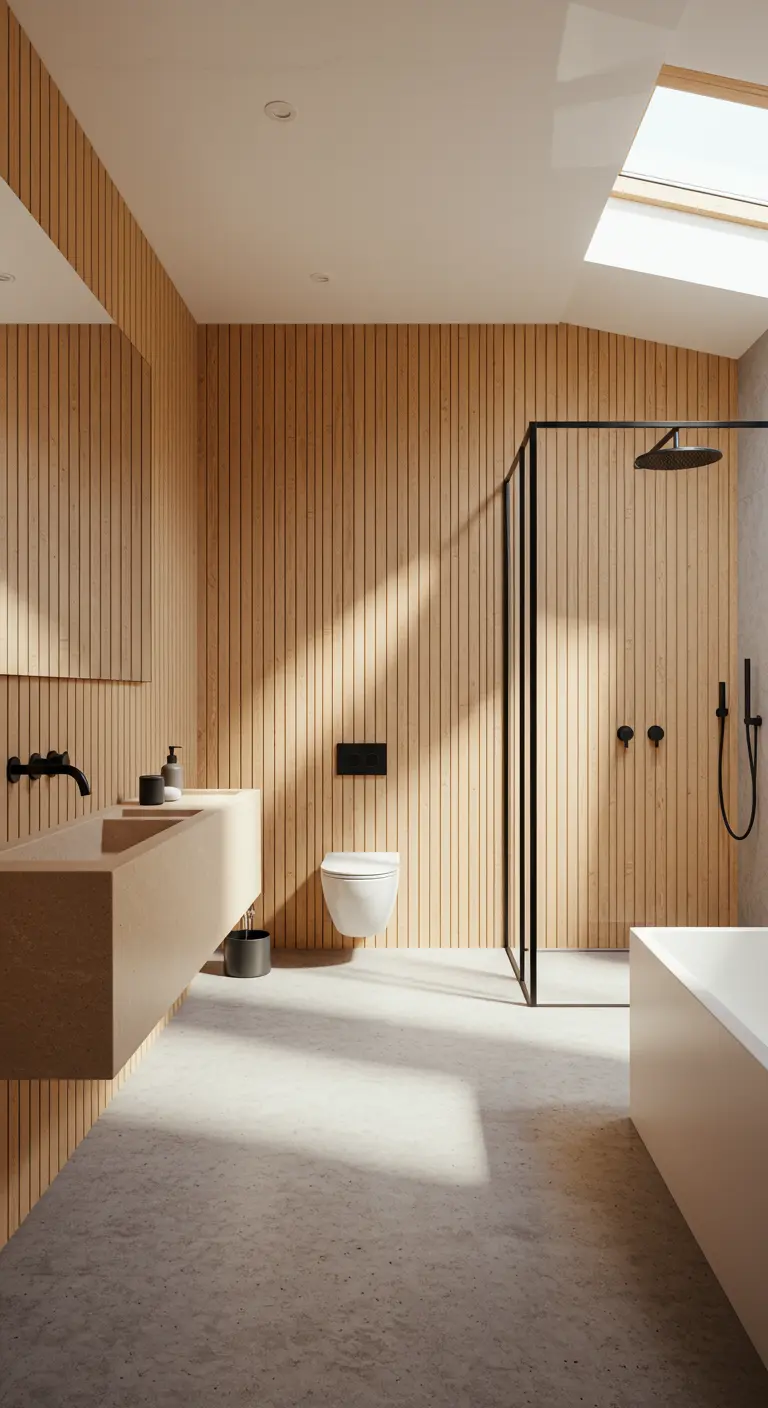 Moderne badkamer met houten lattenwand en matzwarte douche-onderdelen.