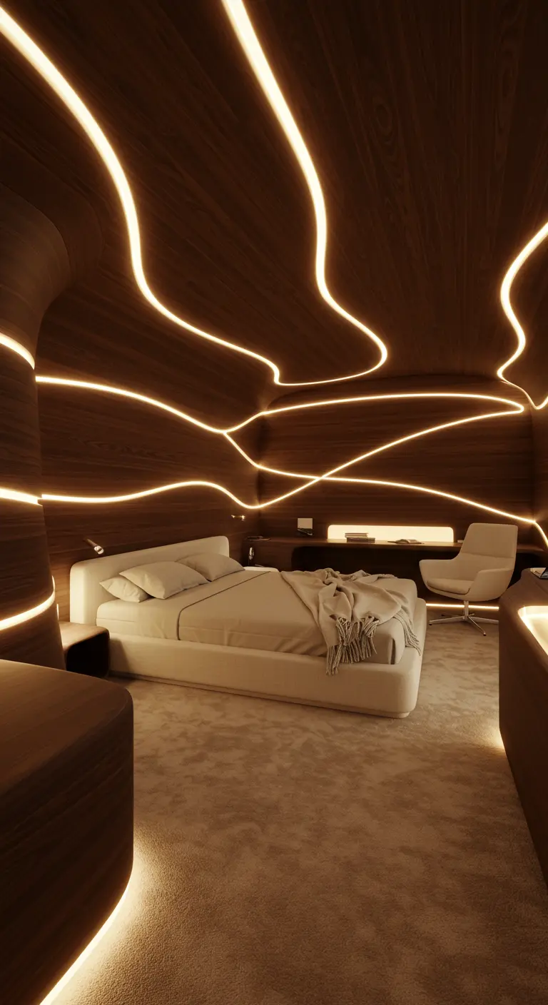 Houten slaapkamer met organische, golvende lijnen van warmgele LED-verlichting op muren en plafond.