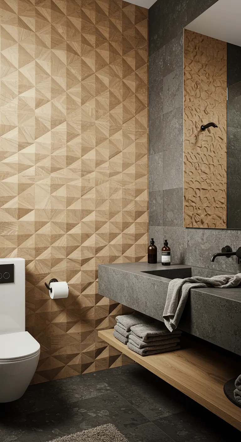 Badkamer met een accentwand van houten 3D-tegels in een geometrisch patroon.