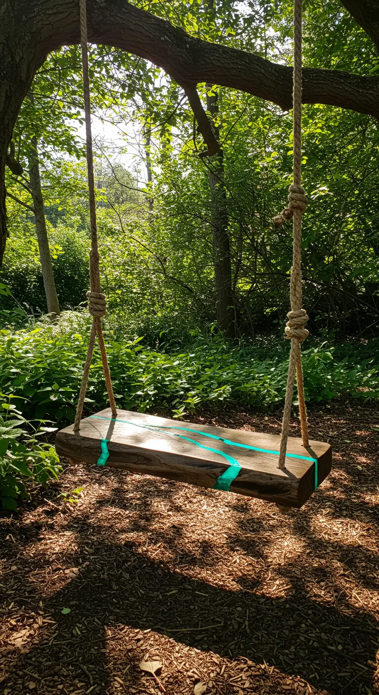 Robuuste houten schommelplank met turquoise epoxyhars, hangend aan dikke touwen.