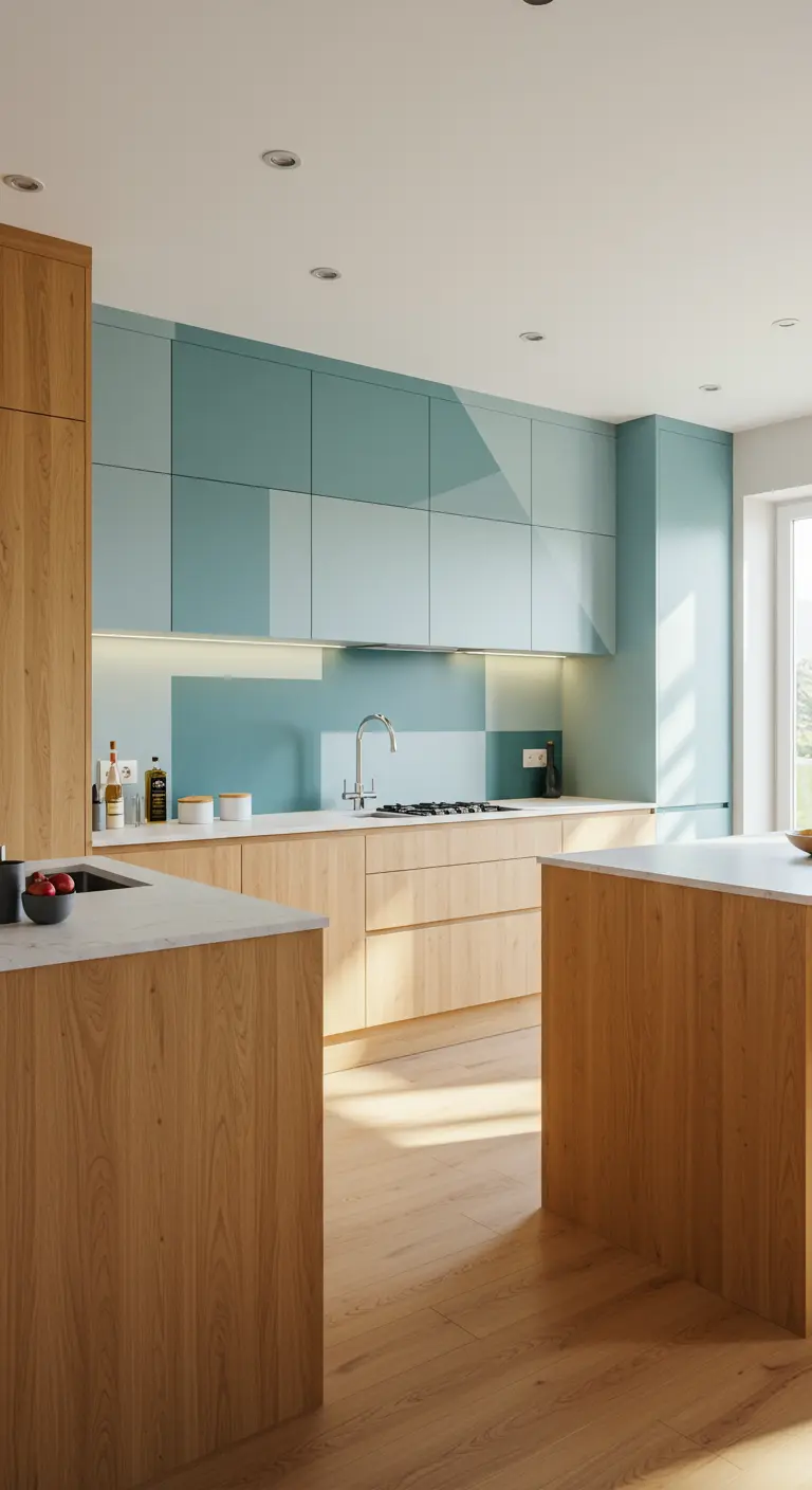 Houten keuken met turquoise en blauwe geometrische bovenkasten en spatwand.