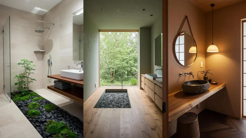 Lichte, minimalistische Japandi badkamers met natuurlijk hout, rustgevende beplanting en zachte verlichting.