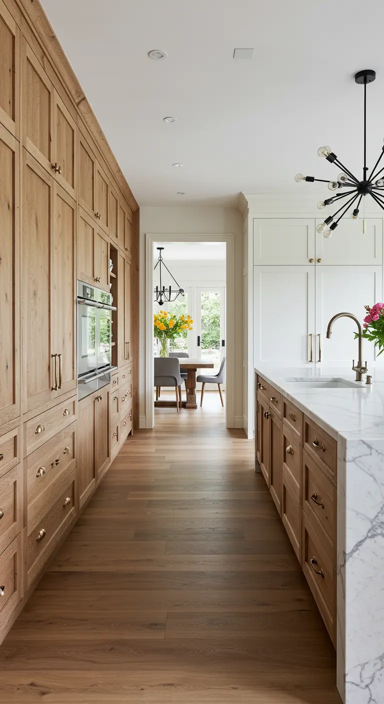 Lange keuken met lichte houten kastenwand en een moderne zwarte designlamp.