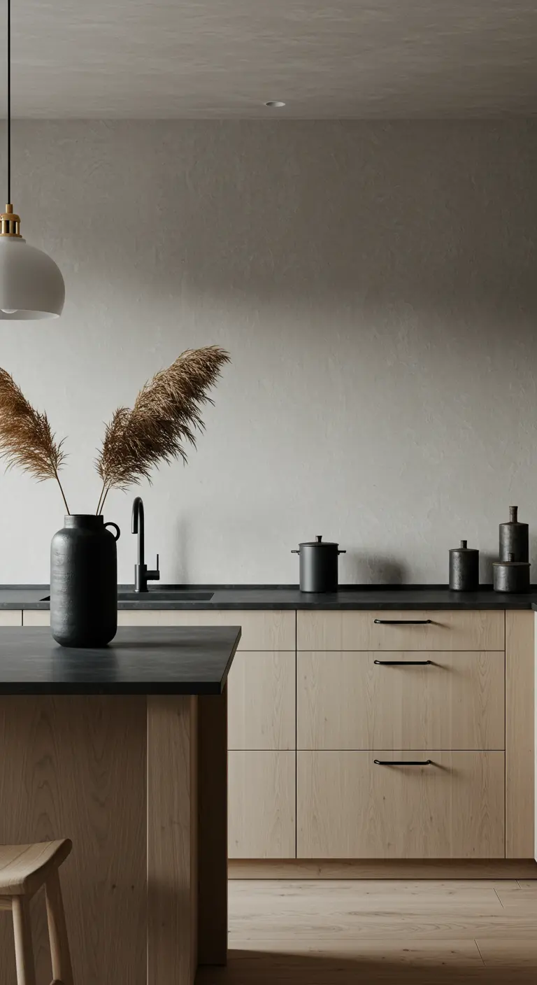 Keuken met lichte houten kasten, een zwart aanrechtblad en een grote vaas met pampasgras.