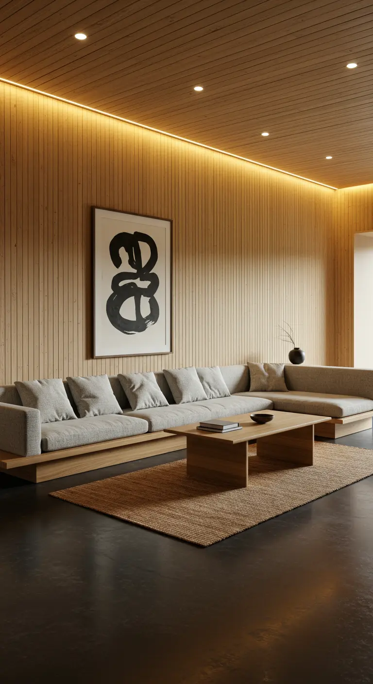 Woonkamer met houten lambrisering, lange lage bank en indirecte verlichting