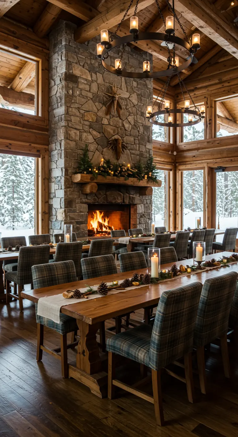 Dineropstelling in een houten lodge met geruite stoelen en een grote stenen haard.