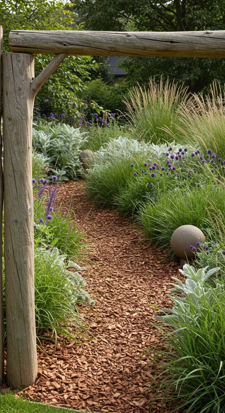 Pad van houtsnippers omringd door siergrassen, paarse bloemen en zilverkleurige planten, met een houten poort.