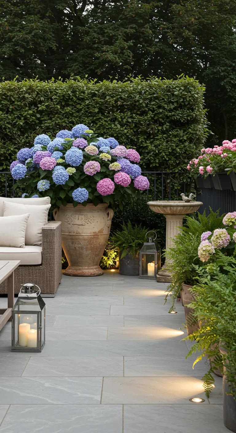 Groot terras met een enorme terracotta pot vol bloeiende hortensia's, loungeset en tuinverlichting.