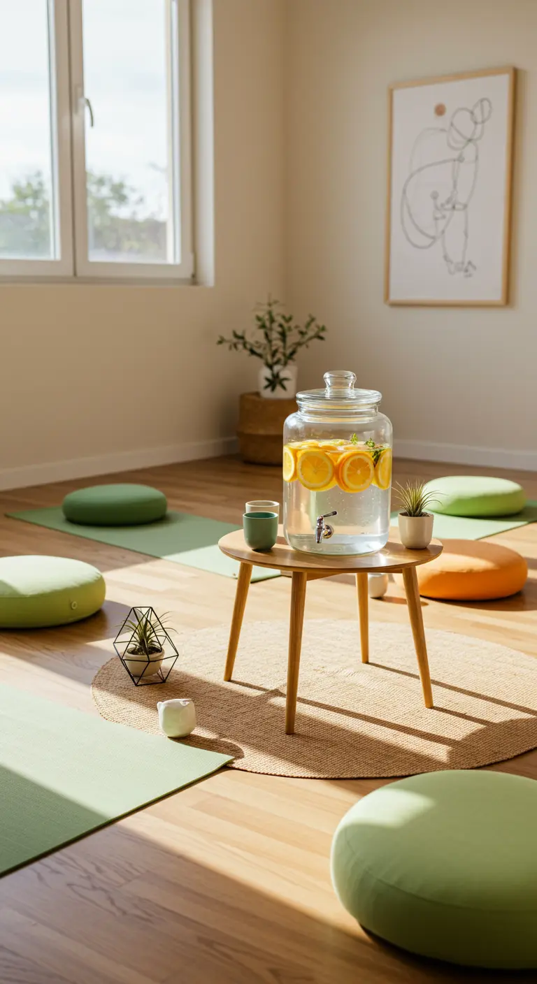 Drankdispenser met citroenwater op een houten krukje tijdens een yoga-event.