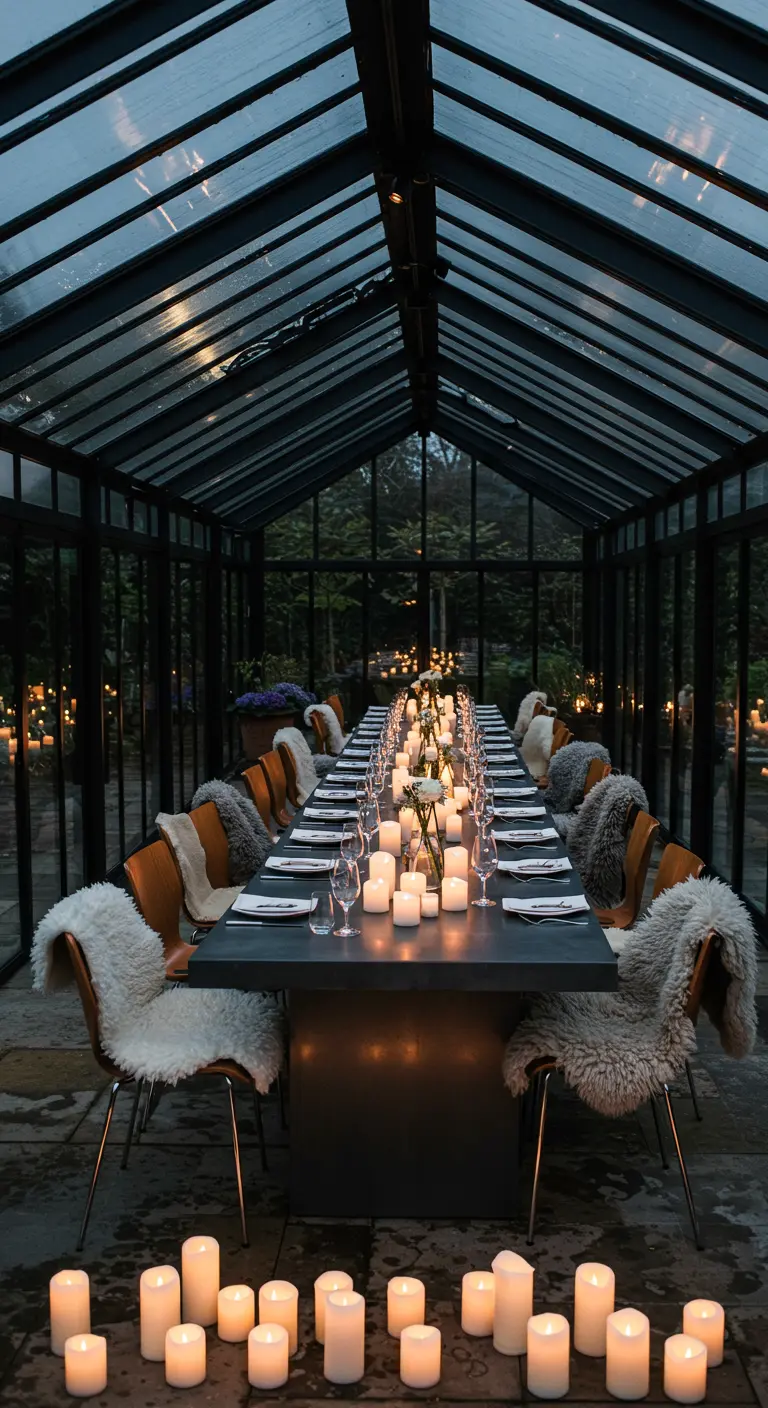 Lange, donkere dinertafel in een kas bij avond, vol met kaarsen en stoelen met schapenvachtjes.