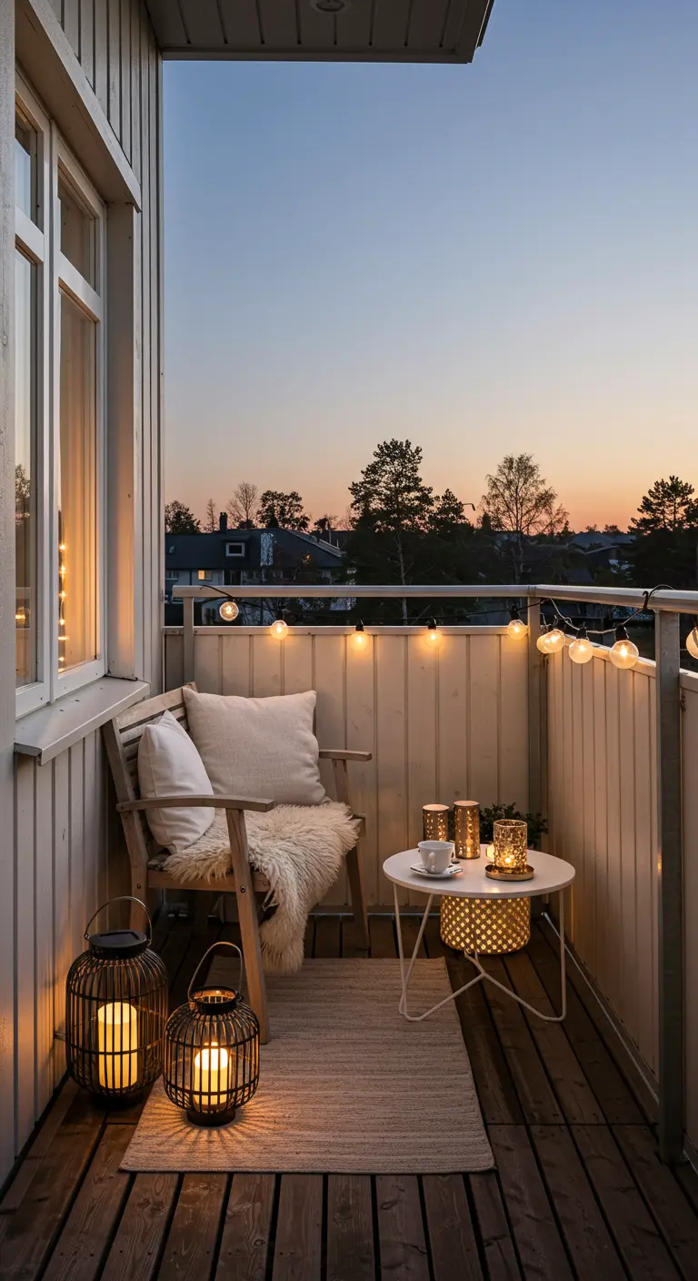 Scandinavisch balkon met houten stoel, schapenvacht, lantaarns en witte muren.