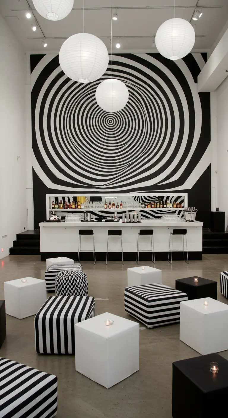Moderne bar met een grote, hypnotiserende zwart-witte spiraal op de muur erachter.
