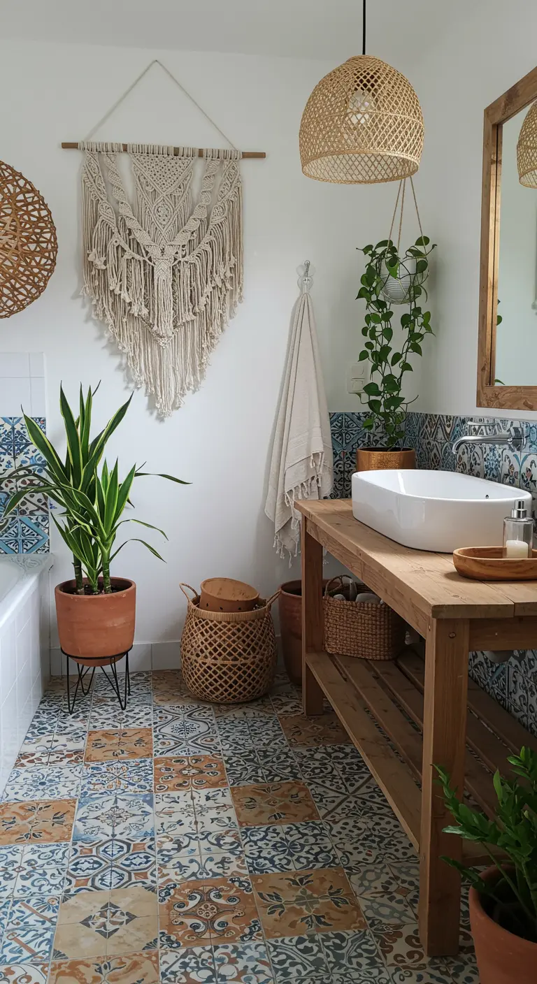 Bohemian badkamer met patroontegels, houten meubel, macramé wandkleed en veel planten.