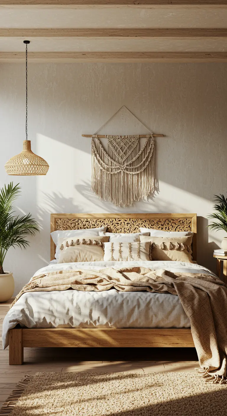 Bohemian slaapkamer met een macramé wandhanger, houten bed met snijwerk en rotan lamp.