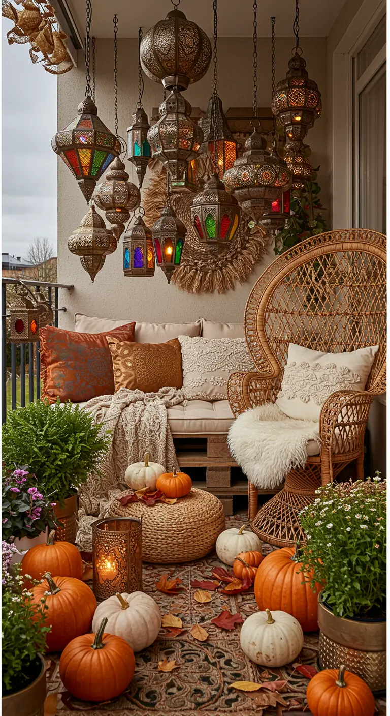 Bohemian balkon met een pauwenstoel, Marokkaanse lantaarns en een overvloed aan pompoenen.