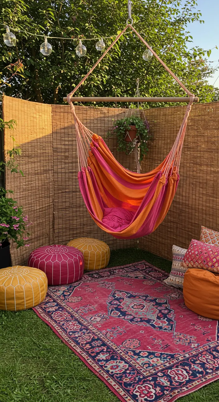 Bohemian tuinhoek met een kleurrijke hangmat, poefs en een Perzisch tapijt.