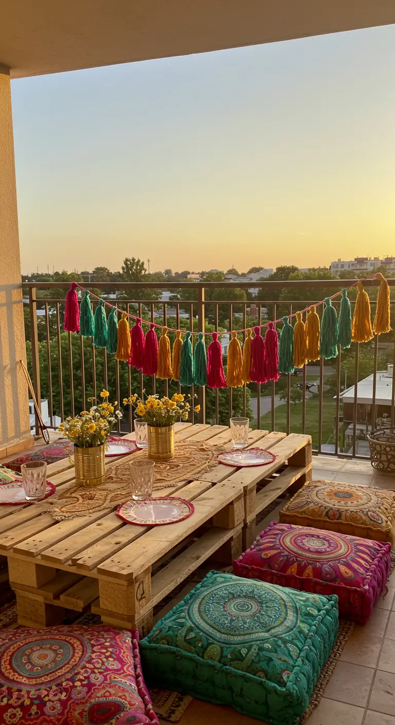Balkon met pallettafel, kleurrijke kussens en een kwastenslinger.