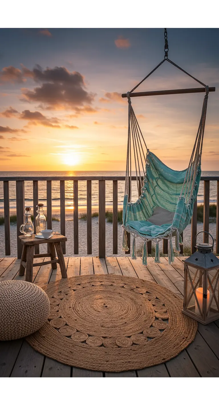 Stoffen hangstoel met franjes op een houten terras aan het strand met een jute kleed.
