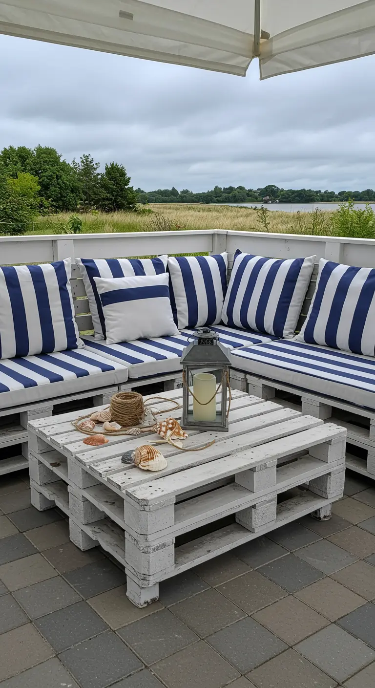 Witgeschilderde pallet loungebank met blauw-wit gestreepte kussens en schelpen op tafel.