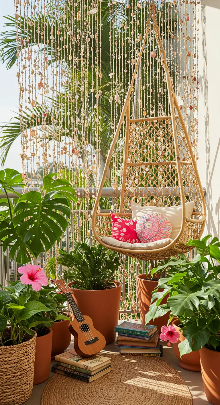 Rotan hangstoel op een balkon met een schelpengordijn en veel tropische planten.