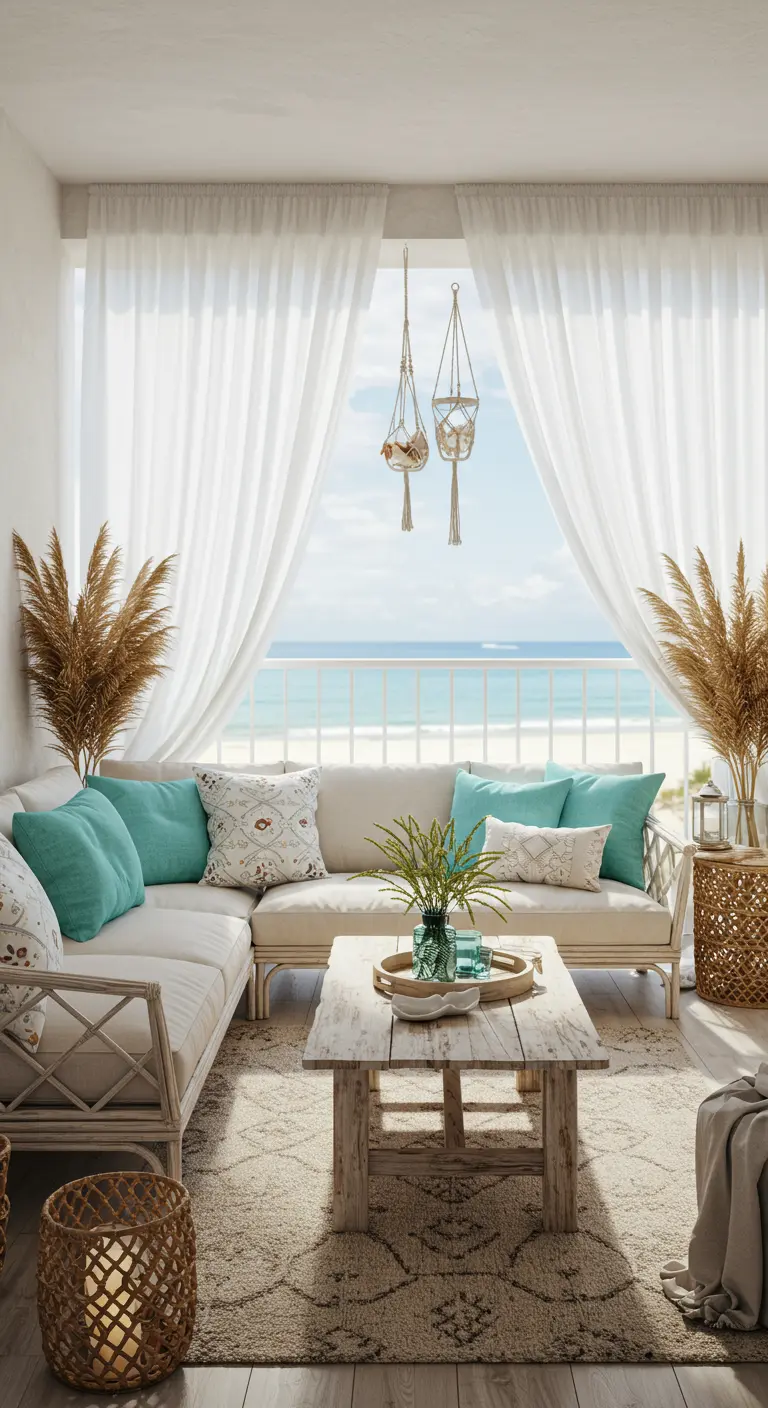 Balkon met zeezicht, witte gordijnen, lichte bank en turquoise accenten.