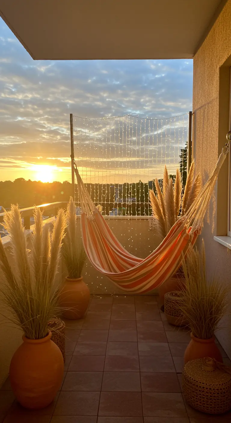 Balkon met een hangmat, grote potten pampasgras en een lichtgordijn tegen de avondlucht.