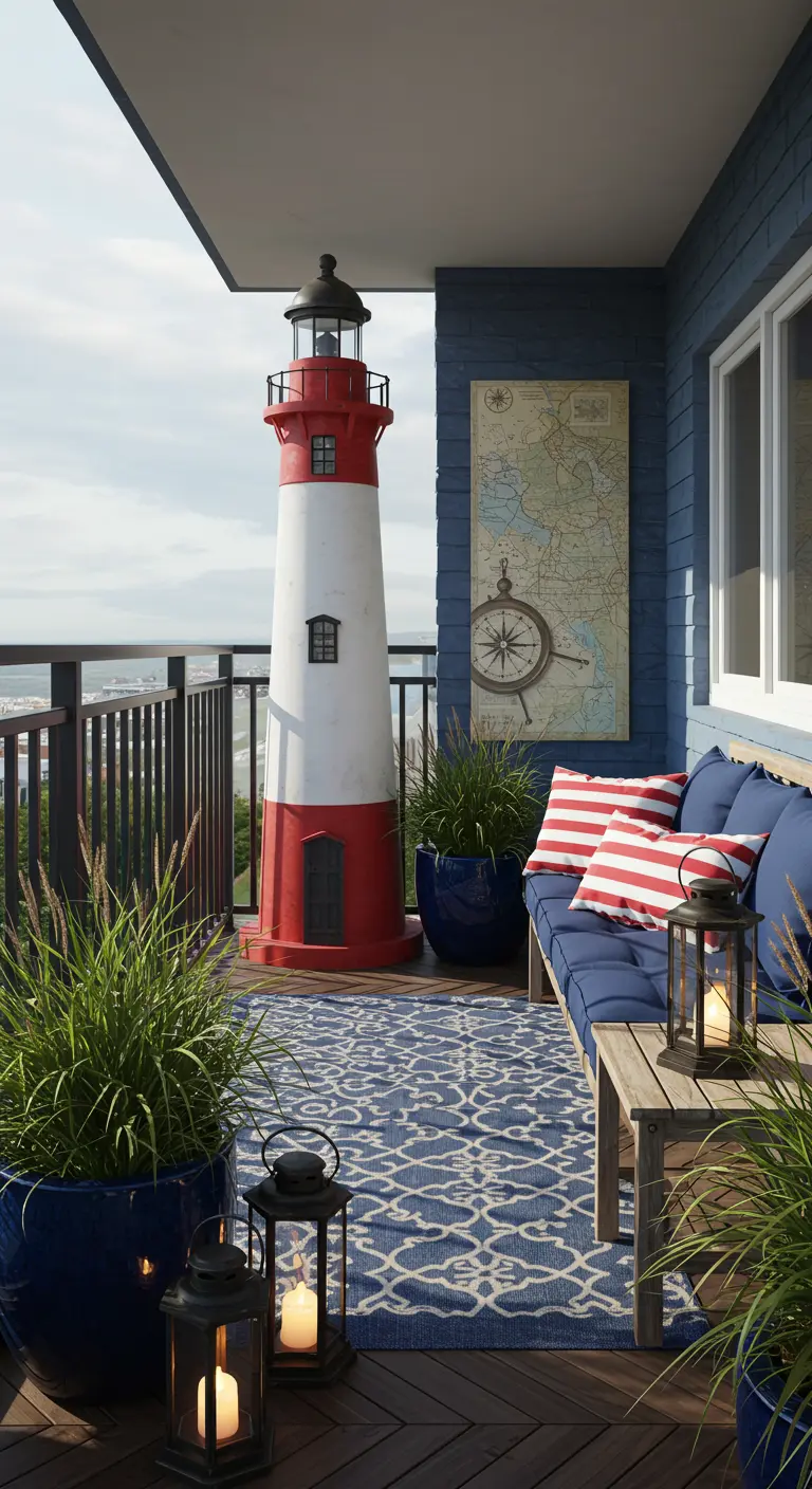 Nautisch balkon met grote vuurtoren, blauwe wand, nautische kaart, gestreepte kussens en lantaarns.