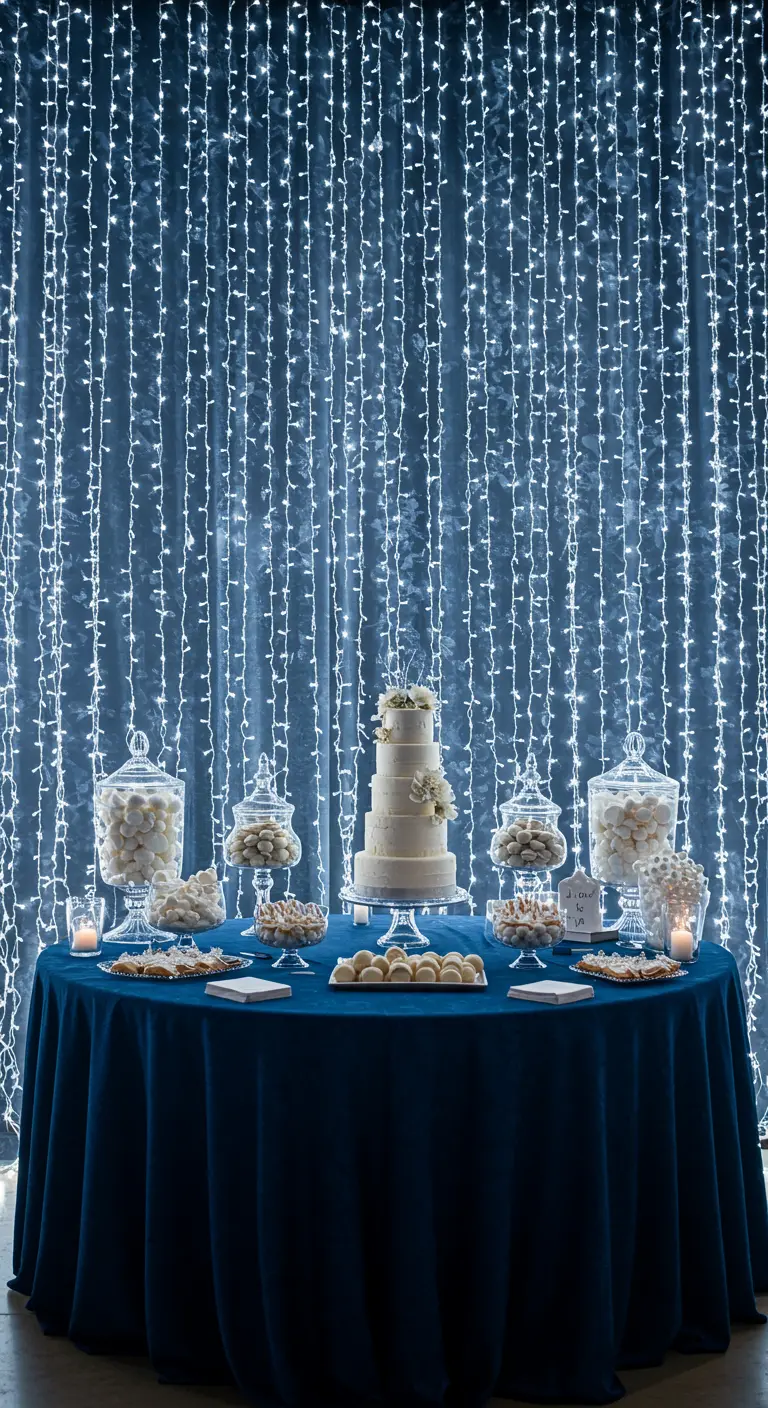 Desserttafel met witte taart en snoep, voor een blauw verlicht gordijn van sprookjeslicht.