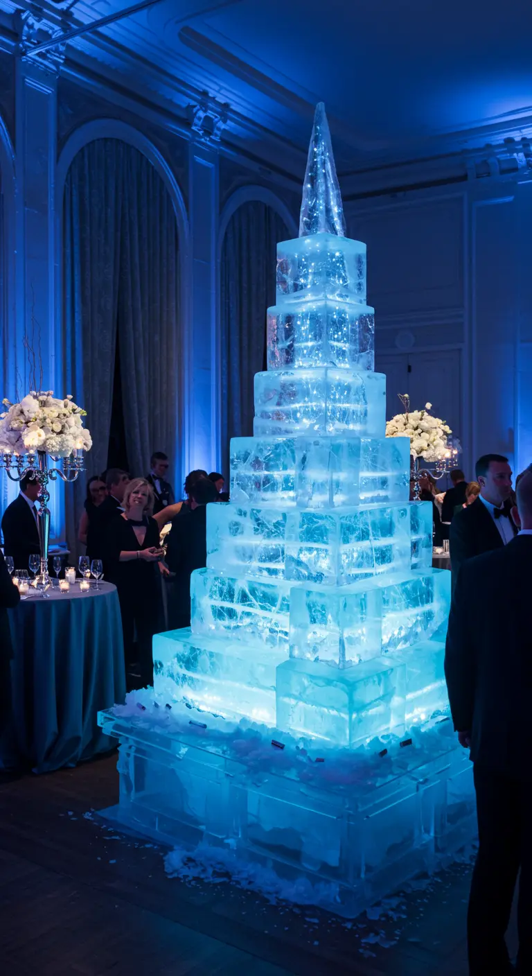 Grote blauw verlichte ijssculptuur in de vorm van een toren, omgeven door feestgasten.