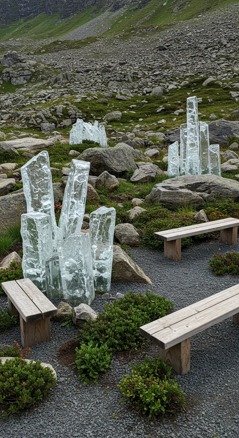 Grote, abstracte glazen sculpturen die op ijsschotsen lijken, staan in een rotsachtige tuin met kiezelpaden en houten bankjes.