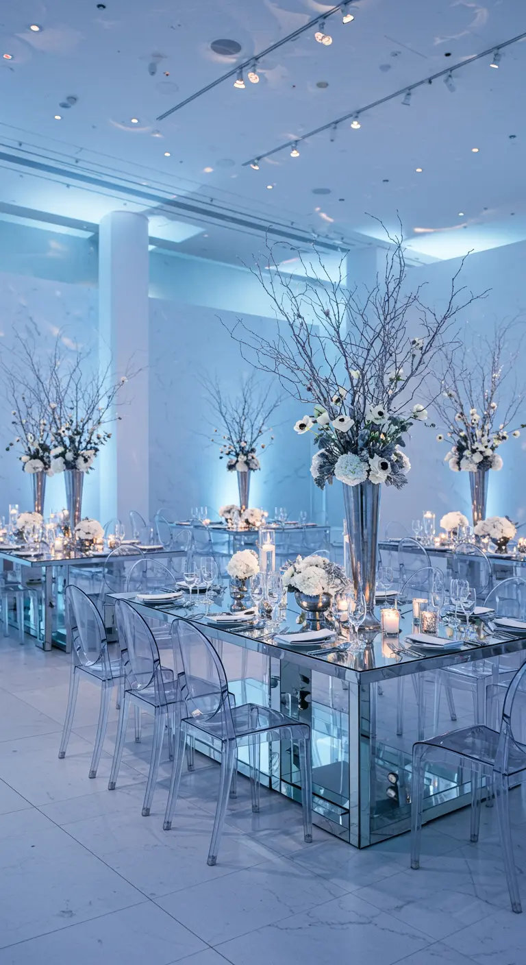 Winterse bruiloftsetting met ijzig blauwe verlichting, spiegeltafels en witte takken.