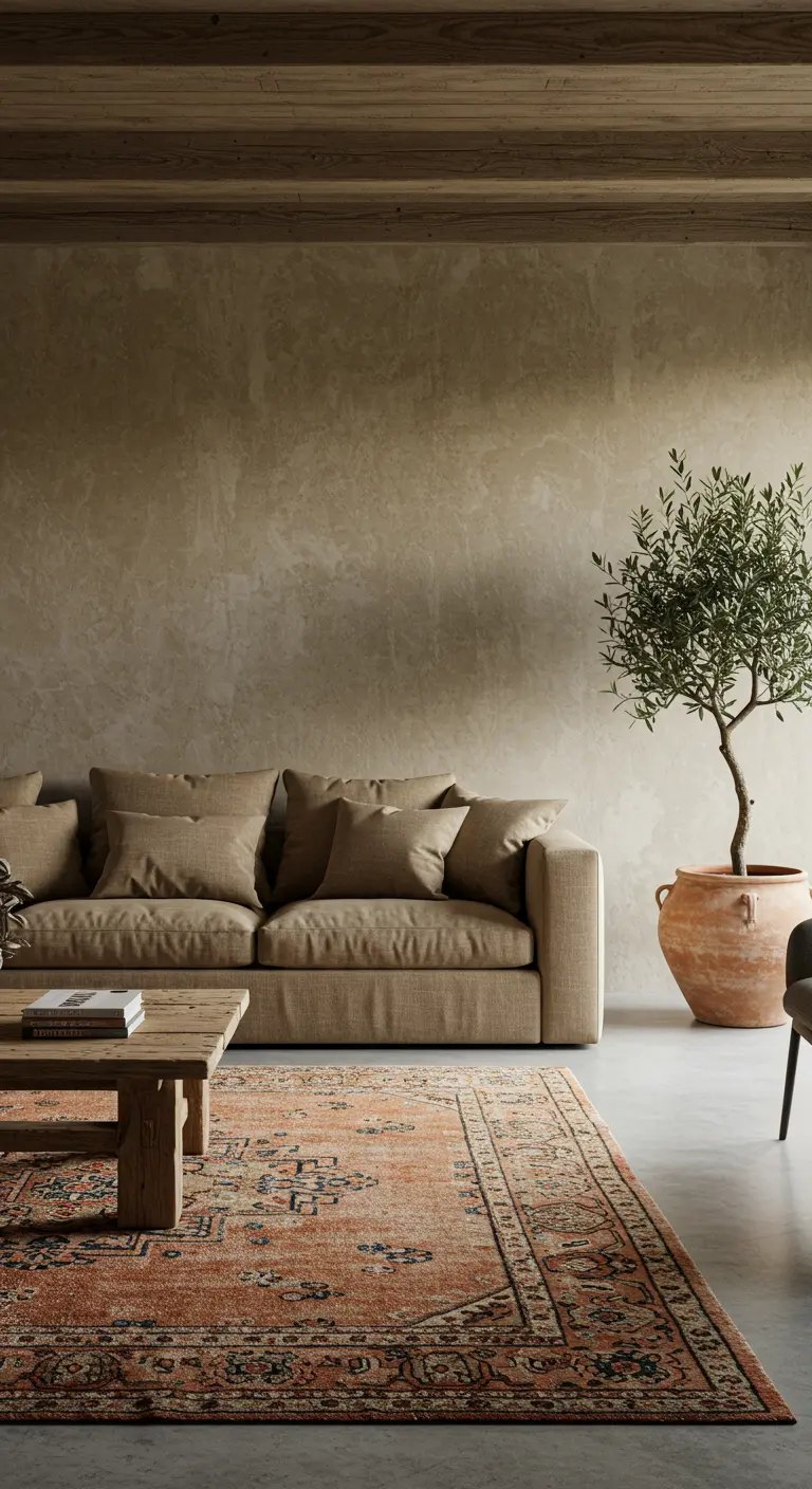 Woonkamer met beige bank, olijfboom in terracotta pot en Perzisch tapijt.