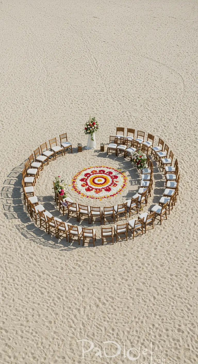 Trouwceremonie in het zand waarbij de stoelen in een cirkel staan rond een mandala van bloemen.