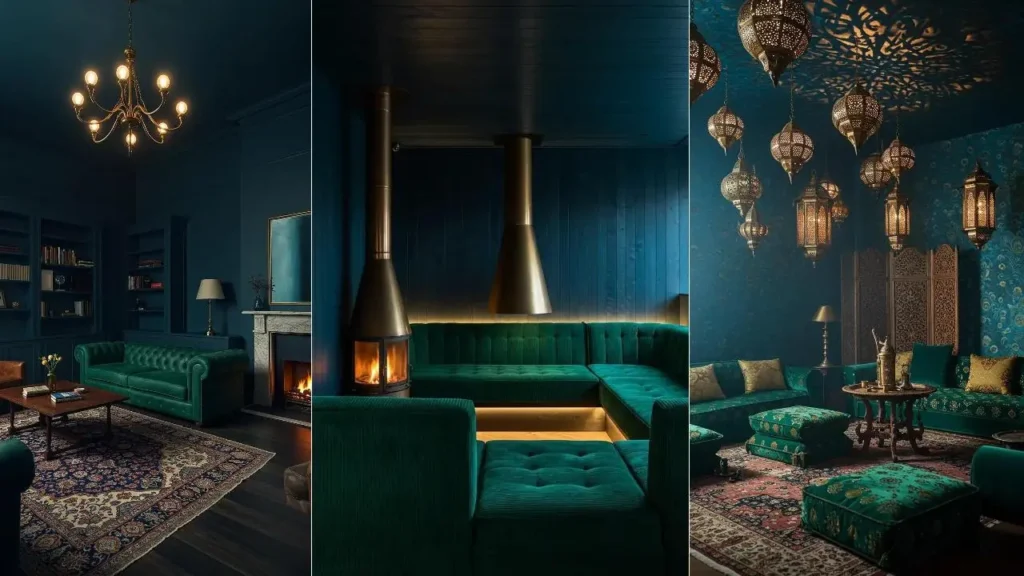 Drie mysterieuze woonkamers in nachtblauw en smaragdgroen, met luxueuze meubels en warme verlichting.