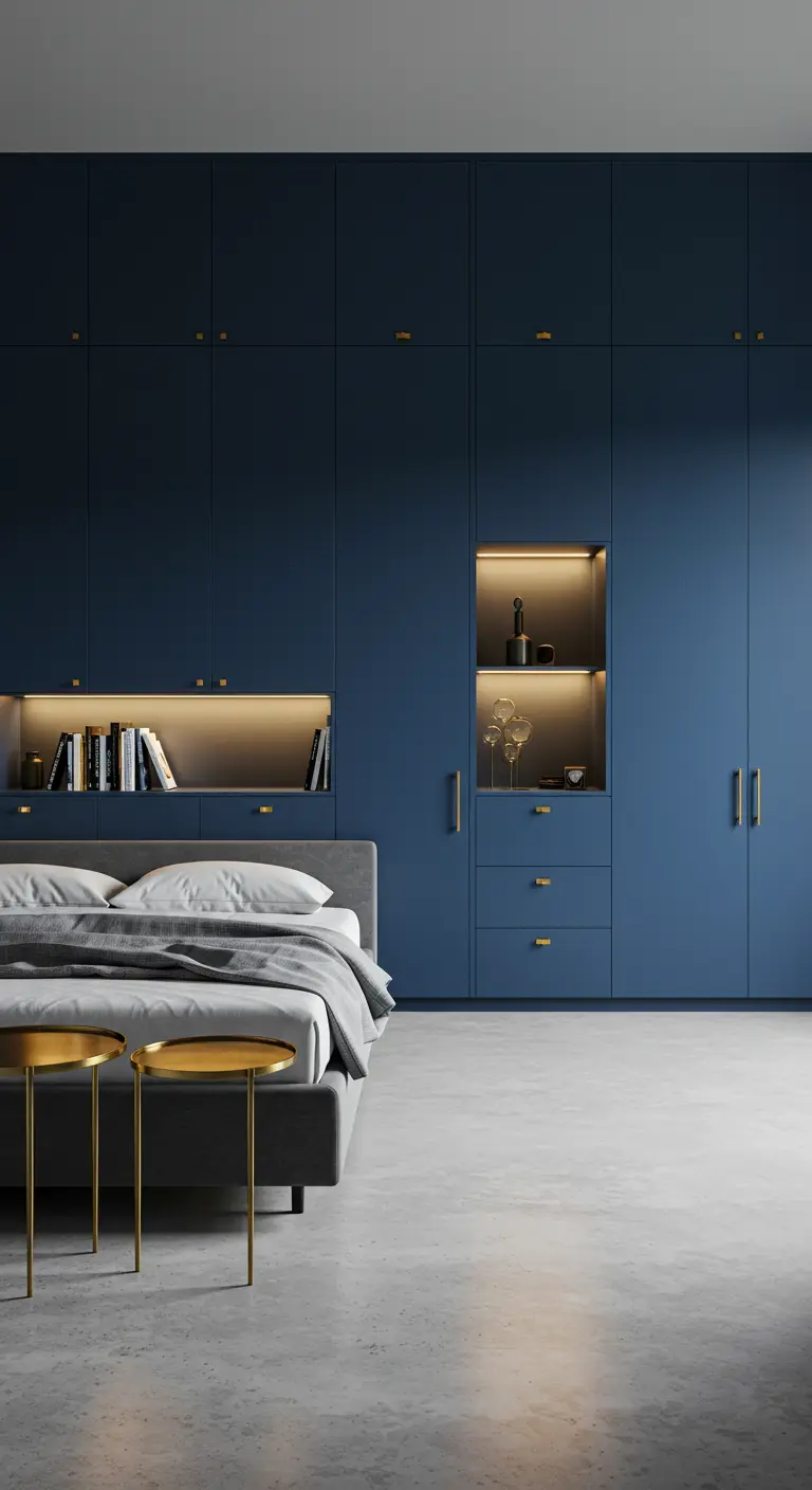 Moderne slaapkamer met een volledige wand van nachtblauwe inbouwkasten met messing grepen.
