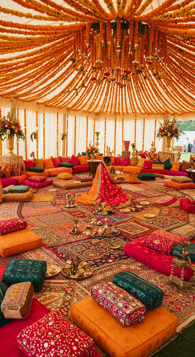 Kleurrijke Indiase feesttent vol met tapijten, kussens en bloemenslingers.