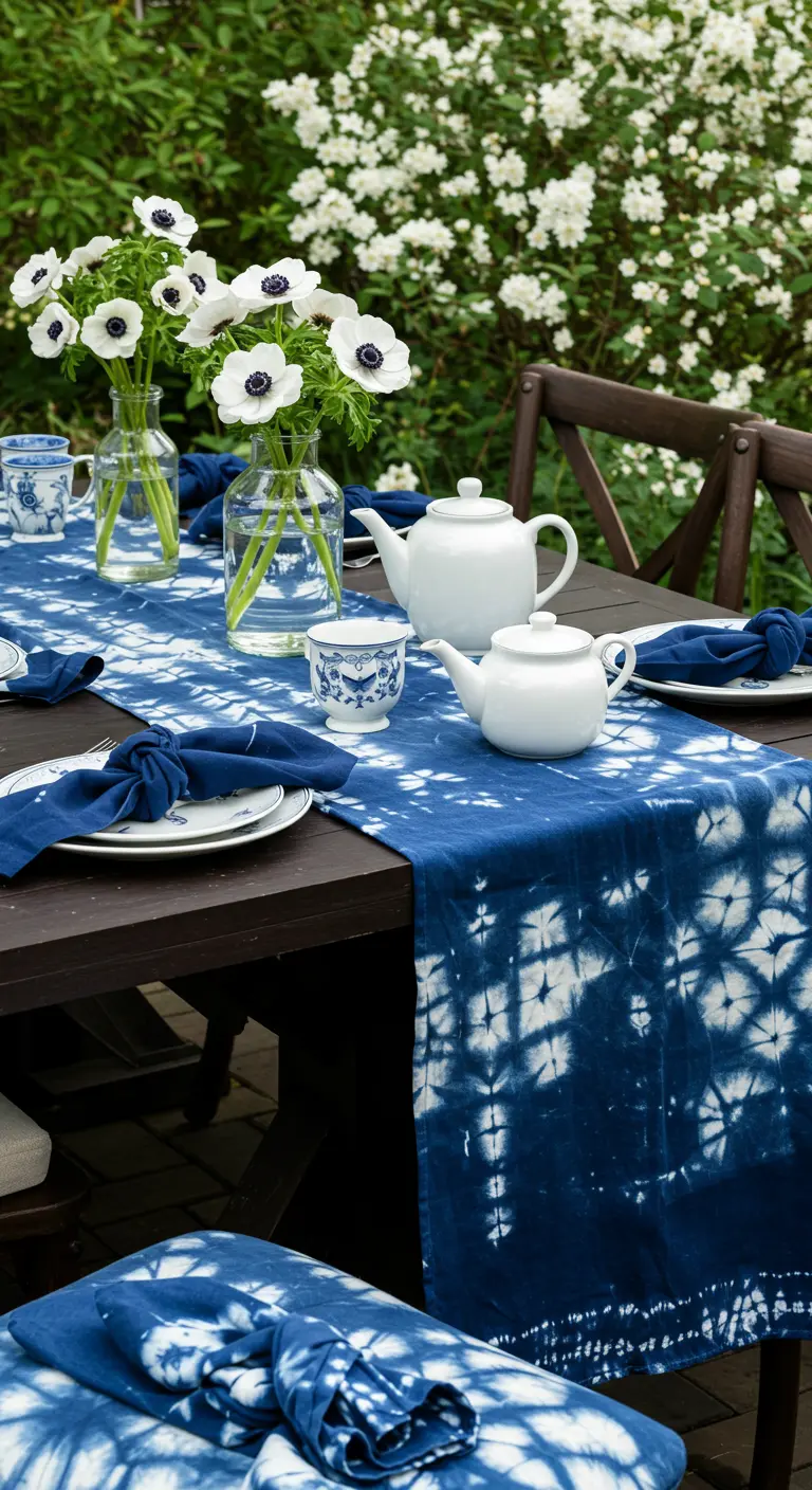 Houten tafel met een blauw-witte tie-dye tafelloper, wit servies en anemonen.