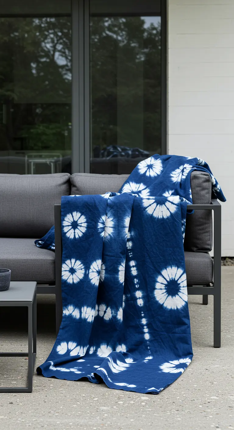 Een diepblauwe tie-dye deken met witte cirkelpatronen, gedrapeerd over een moderne grijze buitenbank.