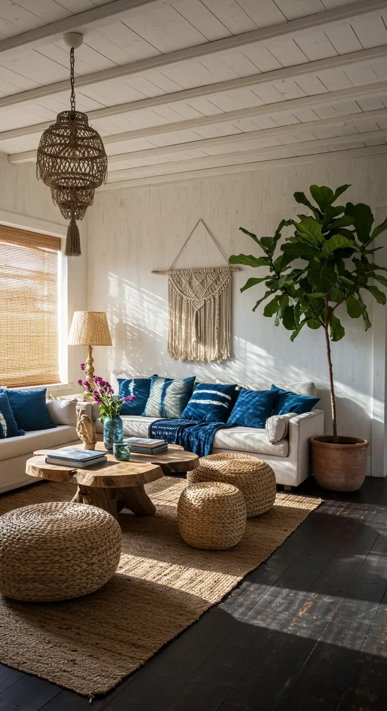 Bohemian woonkamer met witte bank, indigo kussens, rotan poefs en wanddecoratie.