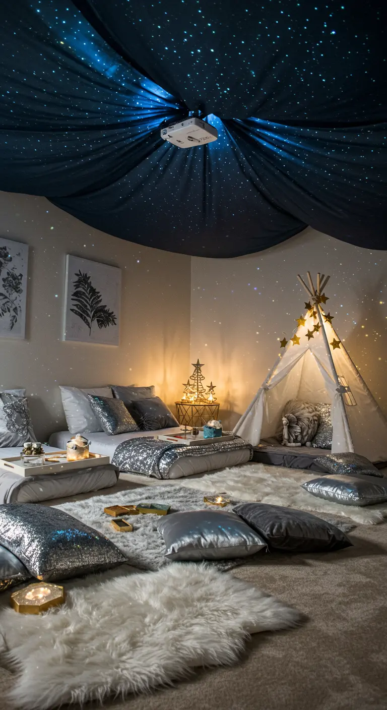 Knusse slaapkamer met een sterrenprojector aan het plafond en een tipi.