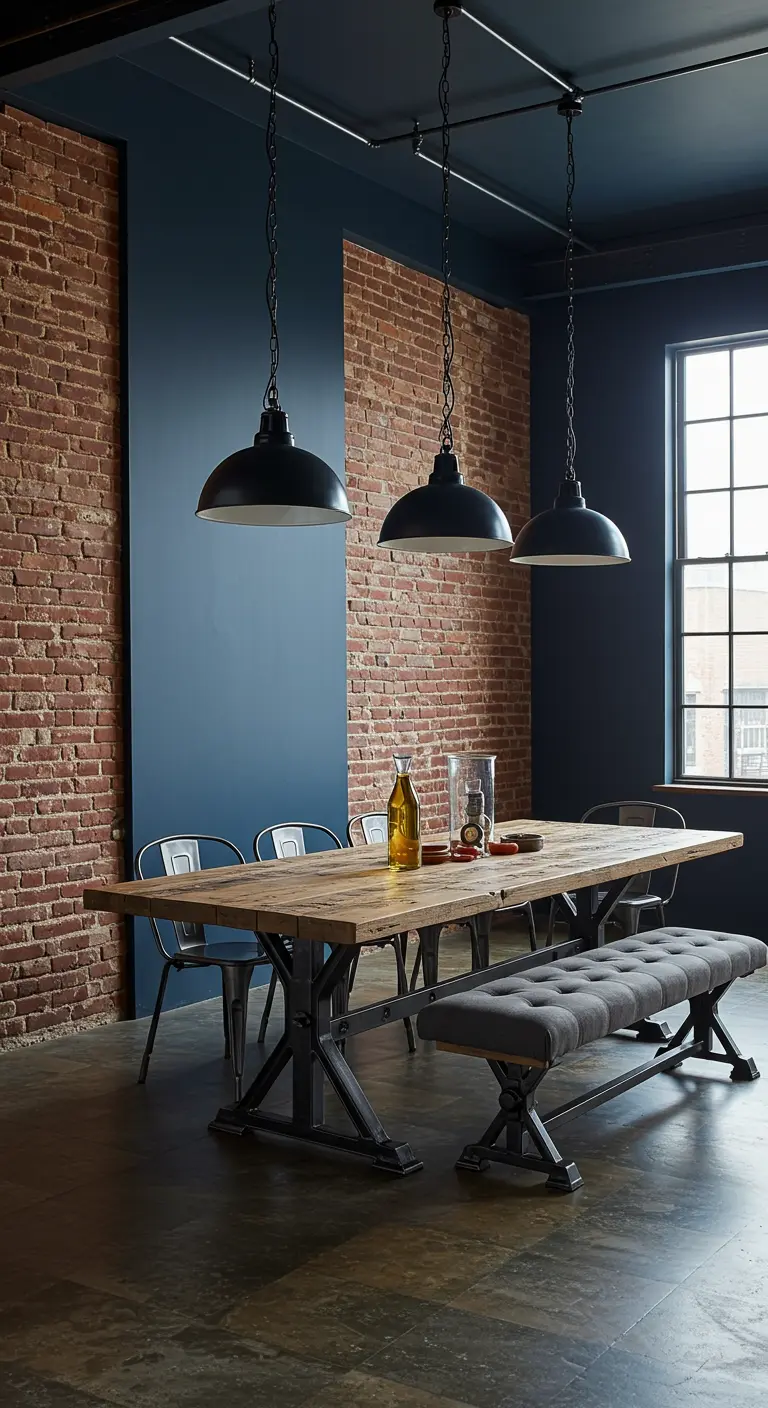 Industriële eetruimte met een diepblauwe accentmuur naast een bakstenen wand en een houten tafel.