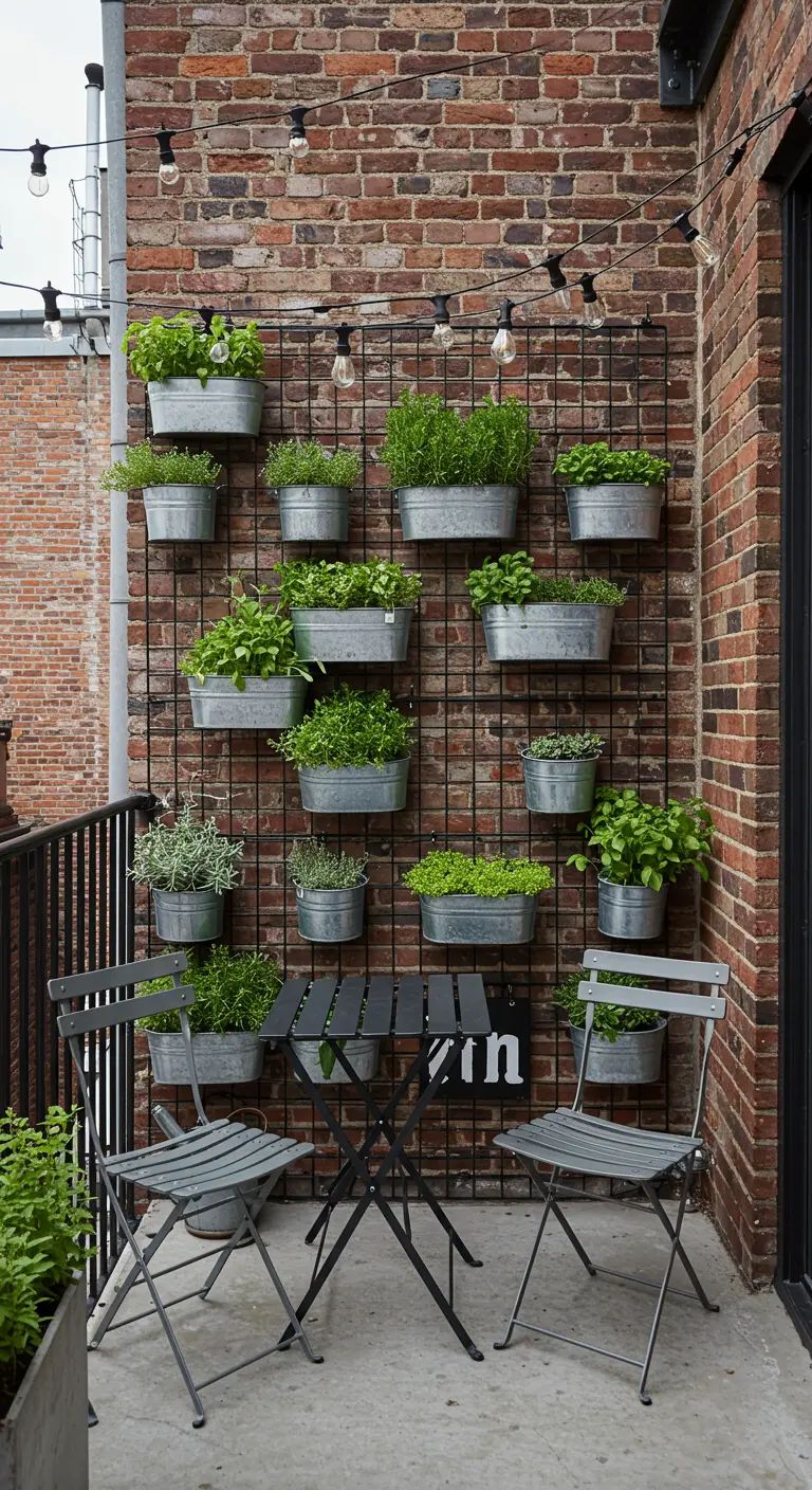 Industrieel balkon met verticale kruidenwand van zwart metalen rooster en gegalvaniseerde zinkemmers.