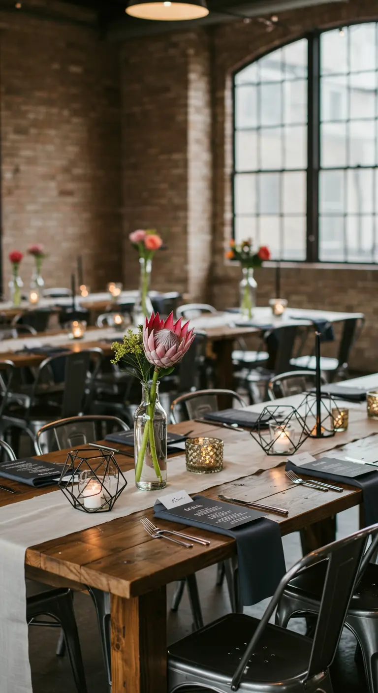 Industrial chic wedding table with brick walls, metal chairs, geometric lanterns, and dark napkins.