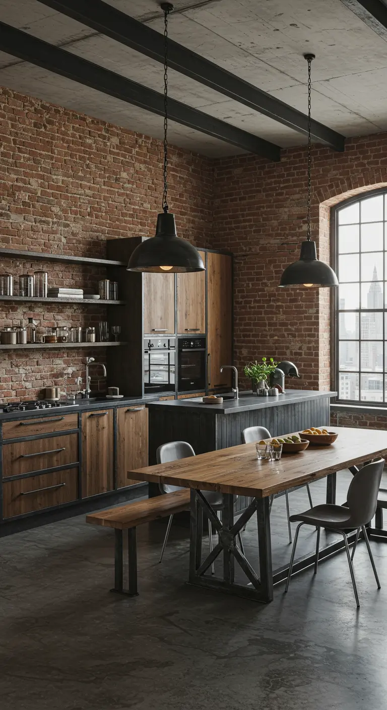 Industriële keuken en eetruimte met bakstenen muren, houten kasten en metalen details.