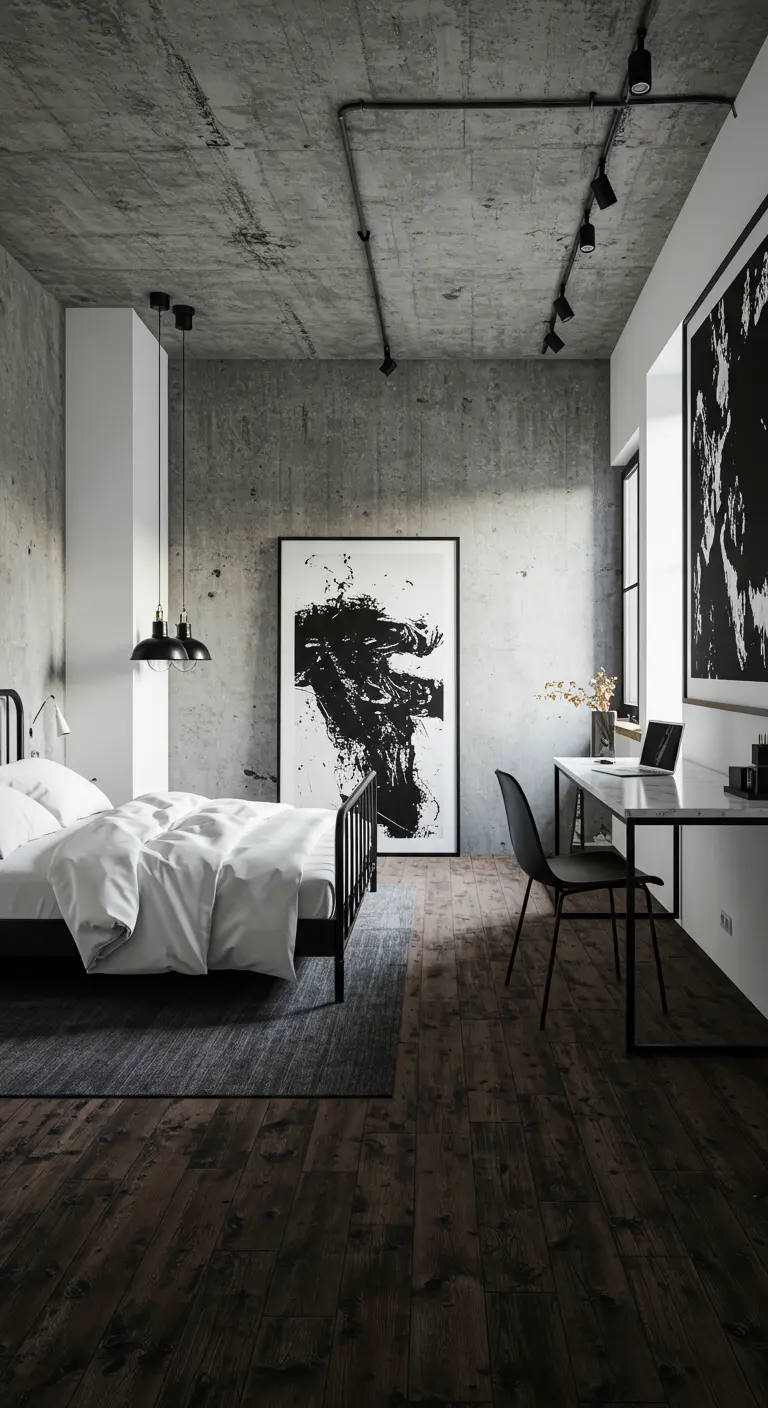 Industriële slaapkamer met betonnen muren, houten vloer, zwart metalen bed en bureau, groot kunstwerk.