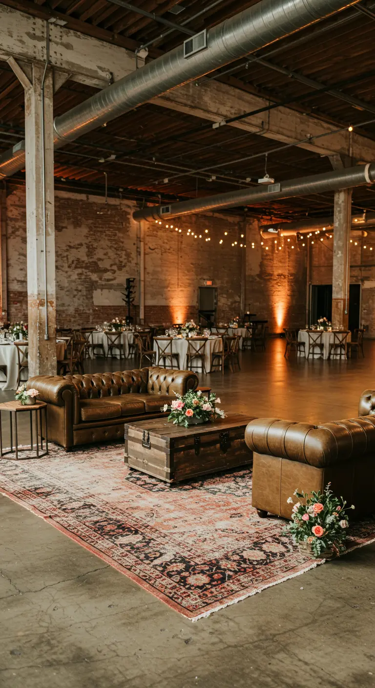 Industriële feestlocatie met een grote loungehoek met leren banken op een vintage Perzisch tapijt.