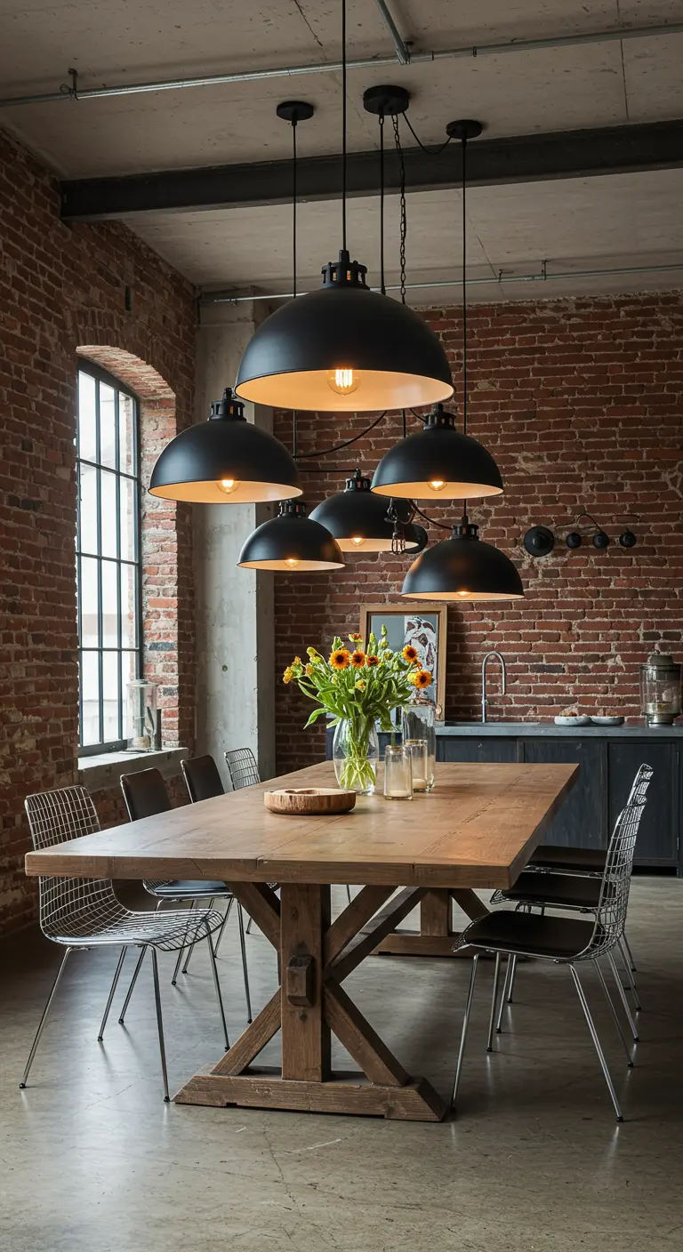 Industriële eetkamer met een cluster van zwarte metalen lampen boven een houten tafel.