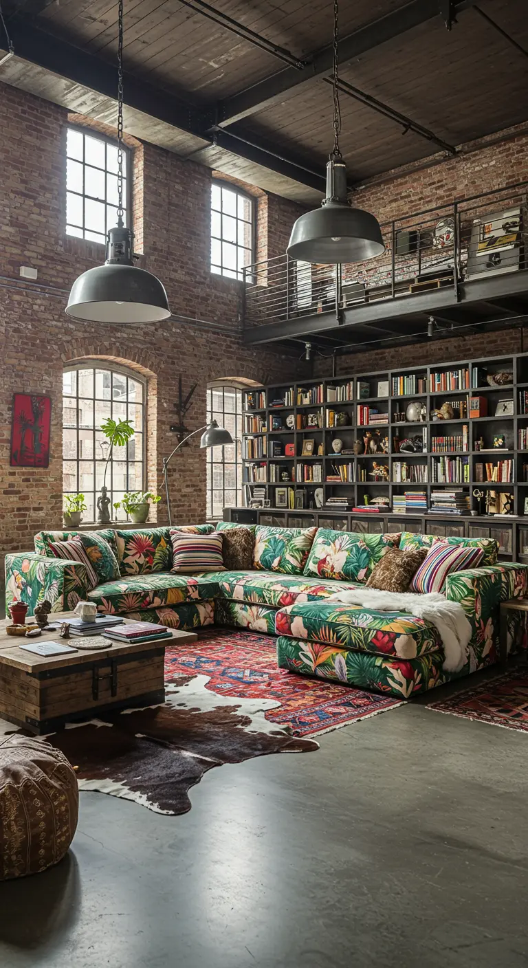 Industriële loft met een grote bank met tropische bladerprint en een bakstenen muur.