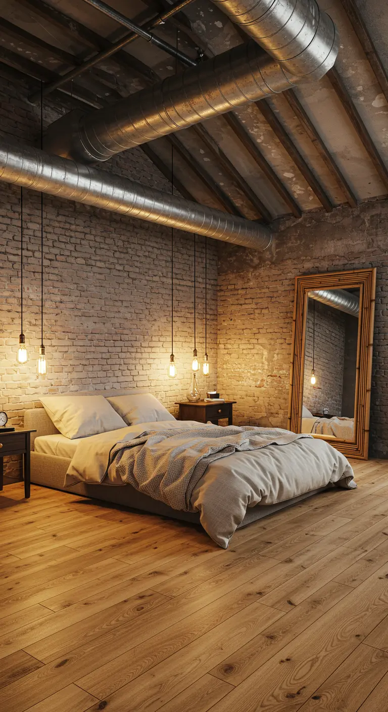 Industriële loft-slaapkamer met bakstenen muur, houten vloer en hangende peertjes.