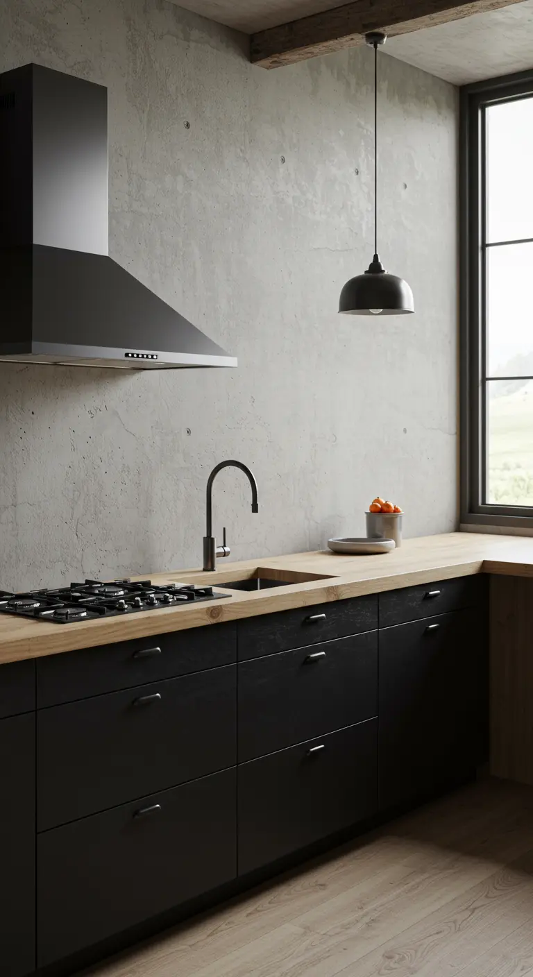 Industriële keuken met matzwarte kasten, een houten werkblad en een ruwe betonnen muur.